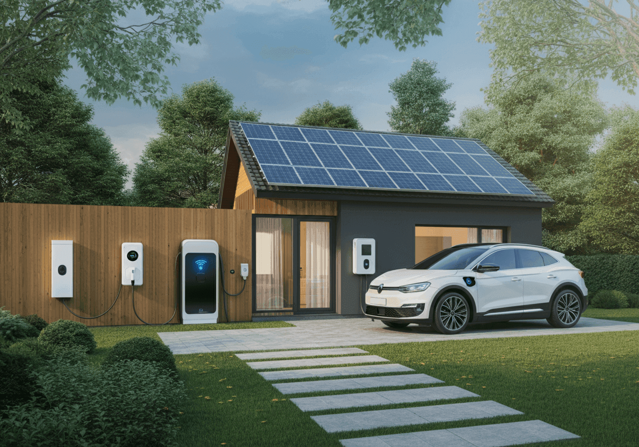Charging stations outside home with an electric vehicle parked outside.