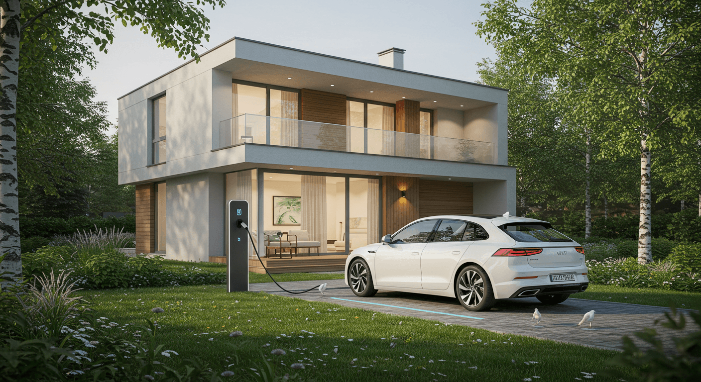 An electric vehicle parked outside a home with charging station.