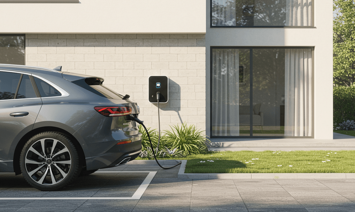 An electric vehicle plugged in to charger outside a home.