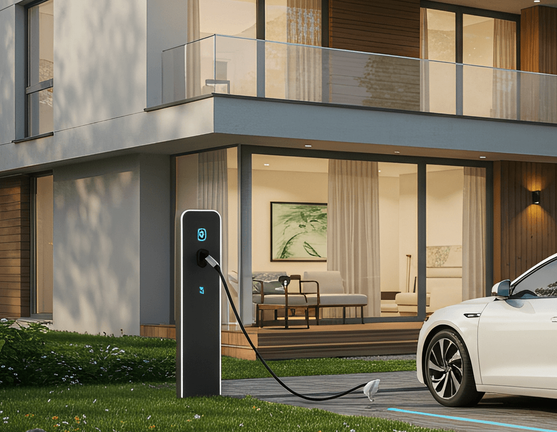 Electric vehicle parked outisde home with charging station.