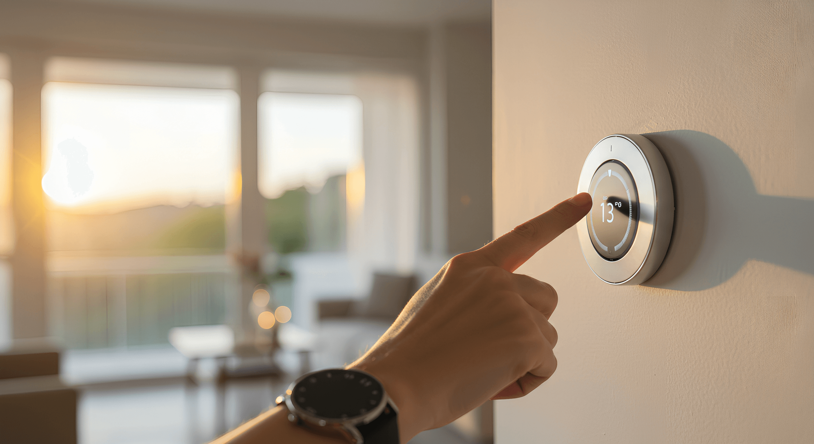 A hand setting the thermostat on the wall with sunshine coming in through the window in the background.
