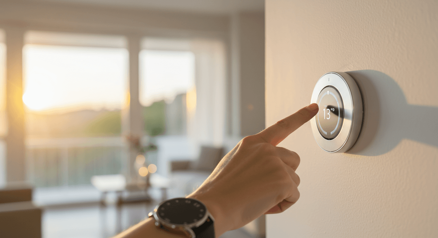 A hand is setting a thermostat on the wall.