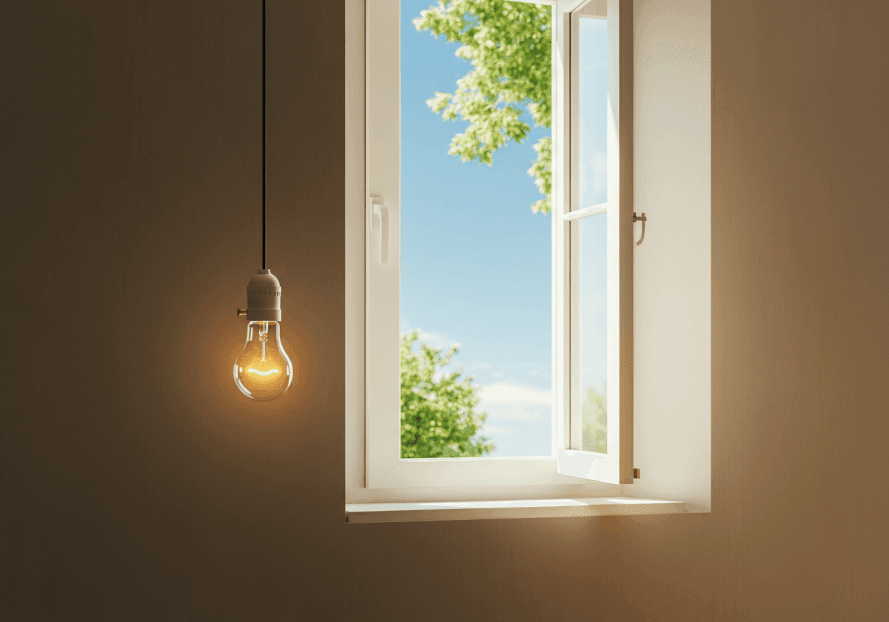 Light bulb near an open window.