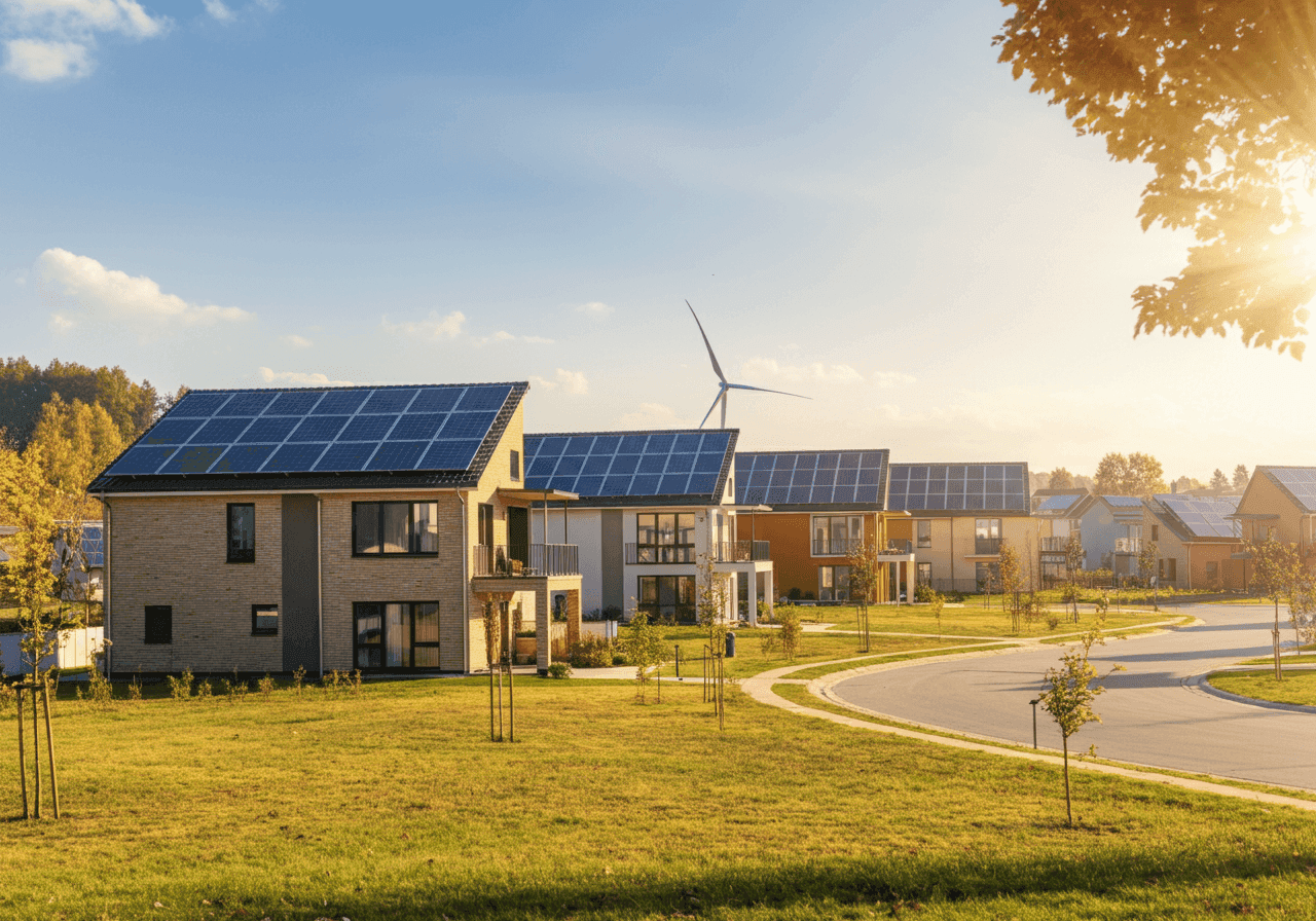 Line of houses using renewable energy.