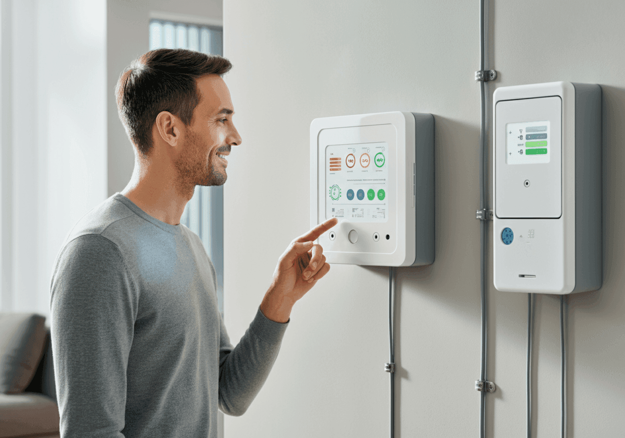 Man pointing at control boxes.