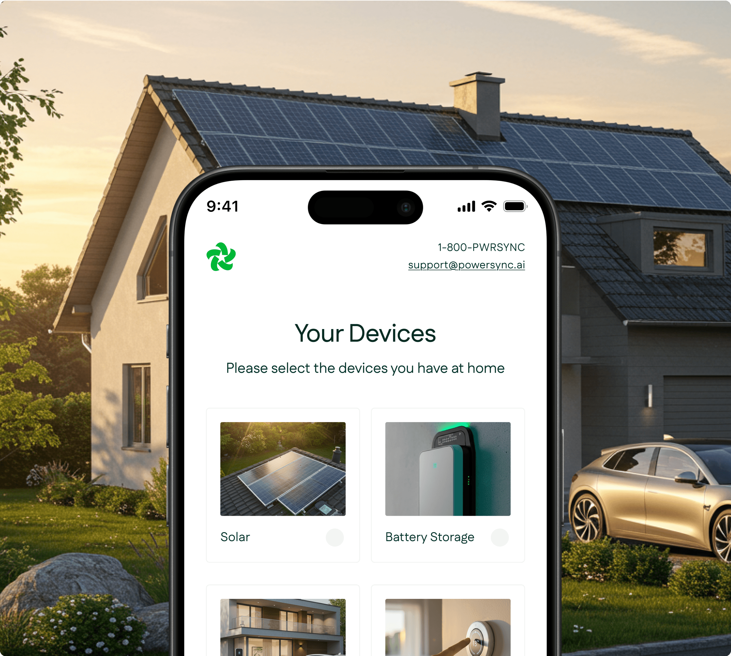 A smartphone mockup showing smart device management plans on user dashboard of Power Sync. The backdrop is a smart home.