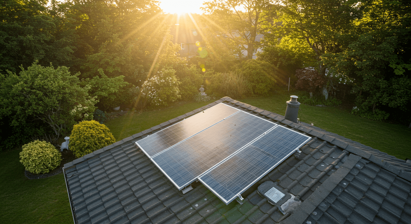 Solar panels on a roof, the house is surrounded by trees and the sun shining.