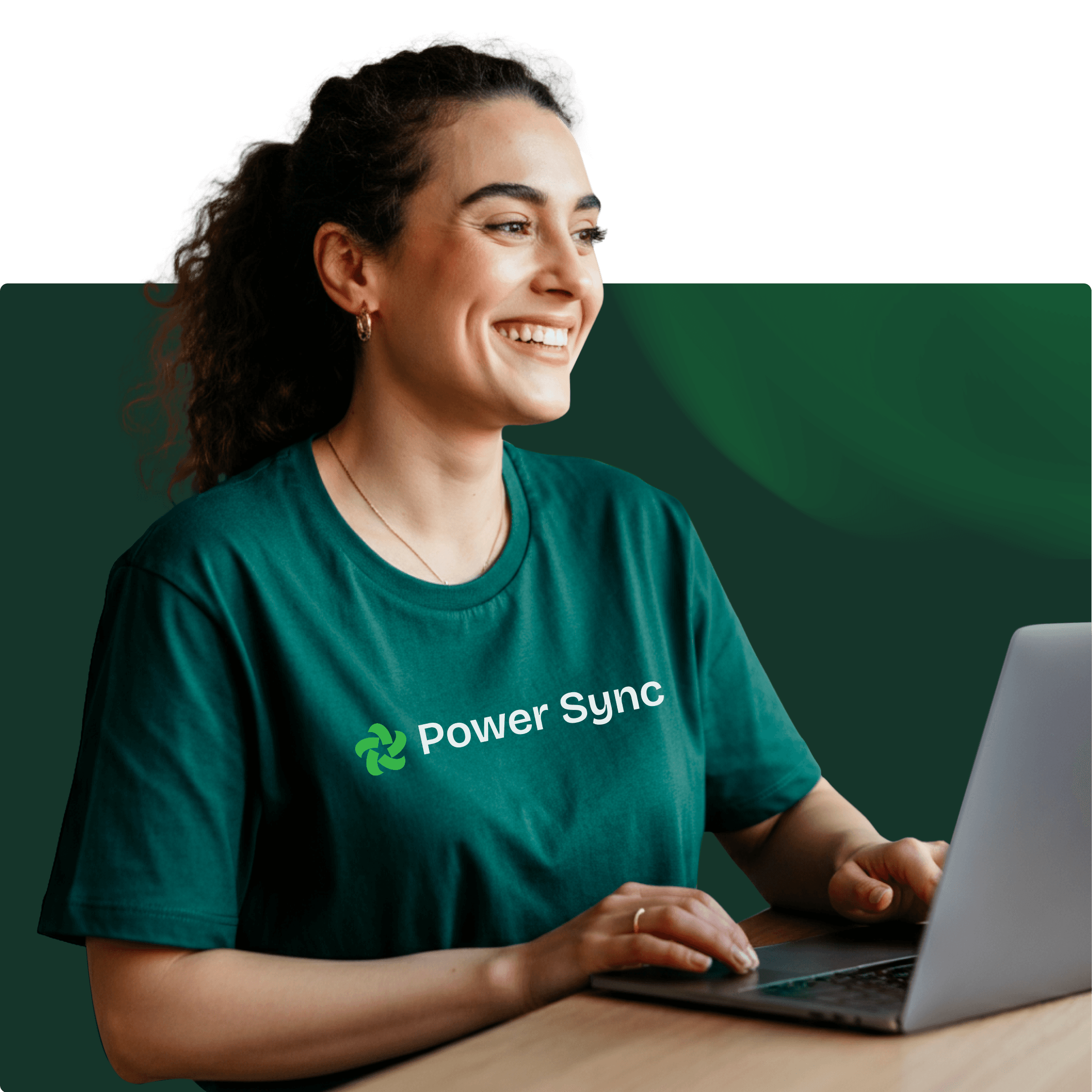 A woman wearing t-shirt with Power Sync inscription