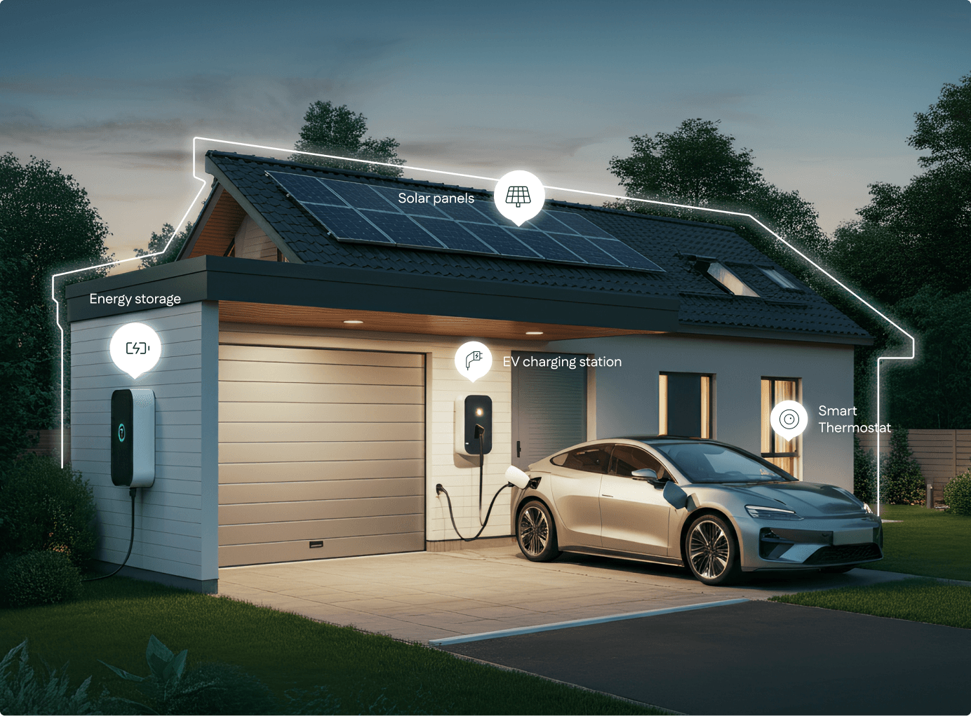 An electric vehicle charging outside a smart home. There are labels on the home like: Energy storage, Solar panels, EV charging station, Smart thermostat.