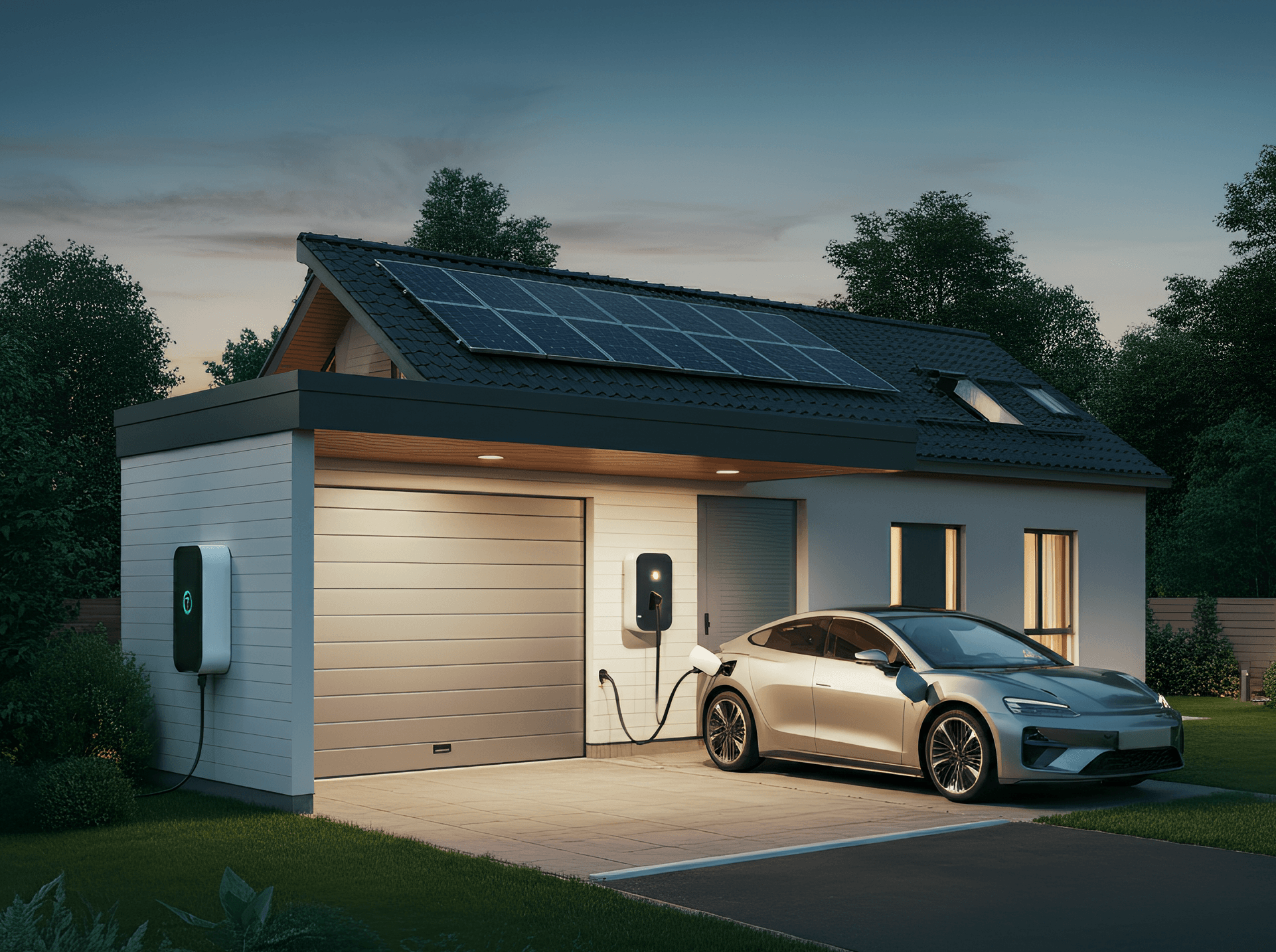 An electric vehicle charging outside a smart home. There are labels on the home like: Energy storage, Solar panels, EV charging station, Smart thermostat.
